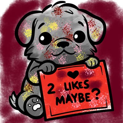 a puppy holding a sign that says 2 likes maybe?