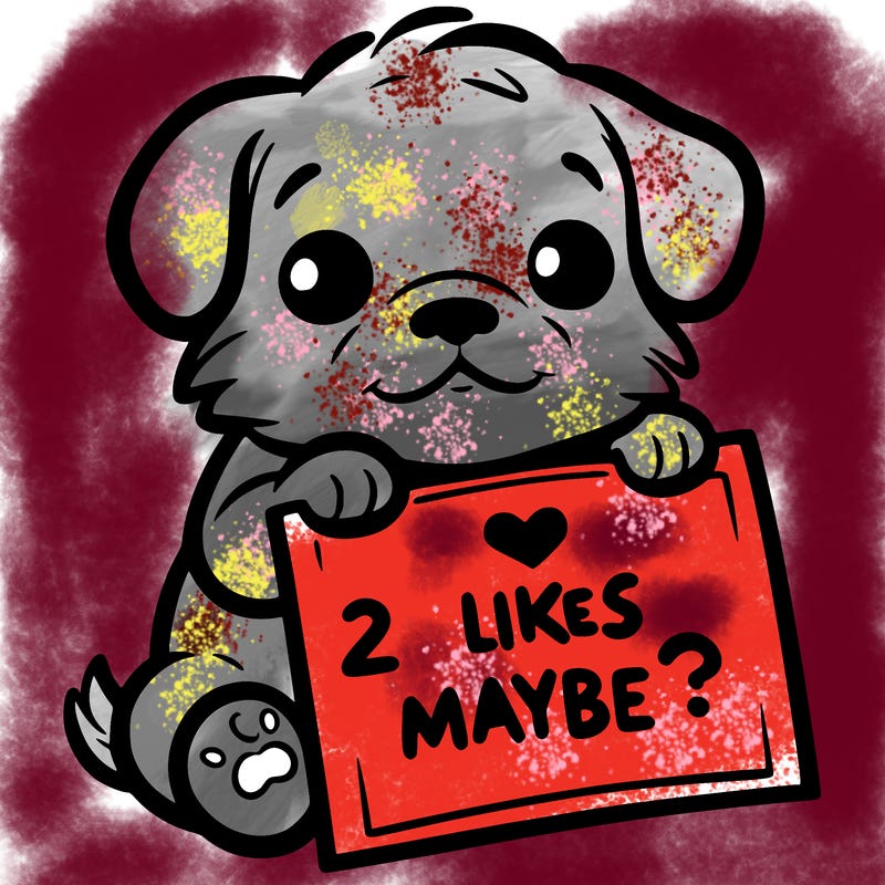 a puppy holding a sign that says 2 likes maybe?