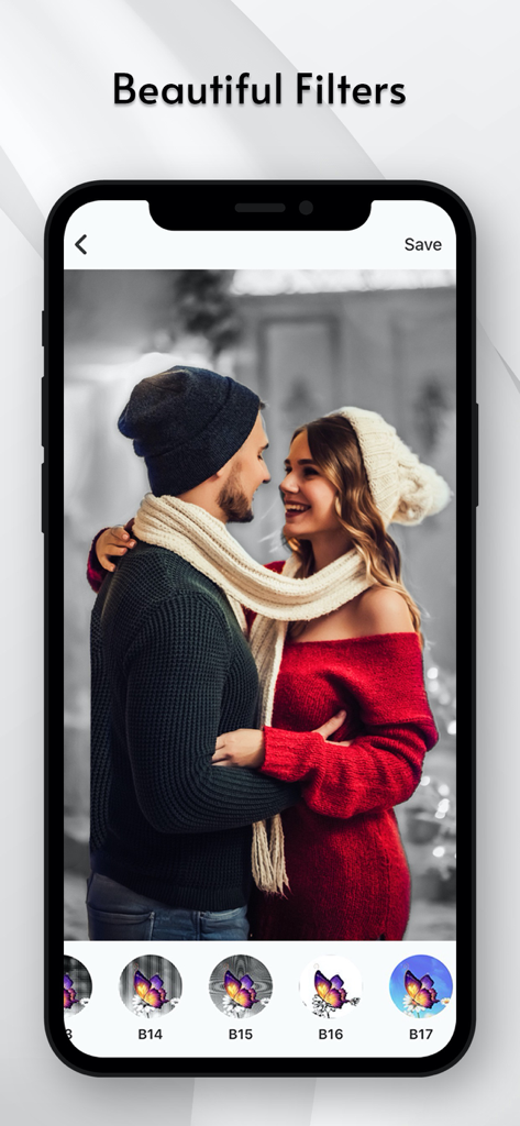 Color Pop - Photo Editor - Interface of Color Pop app showing beautiful filters on a photo of a couple with a color splash effect