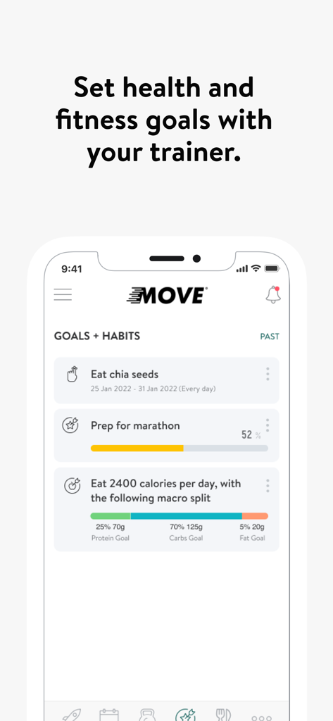Move Lifestyle - The Move Lifestyle app interface showing health and fitness goal tracking including habit lists, marathon preparation progress, and daily calorie macro splits.