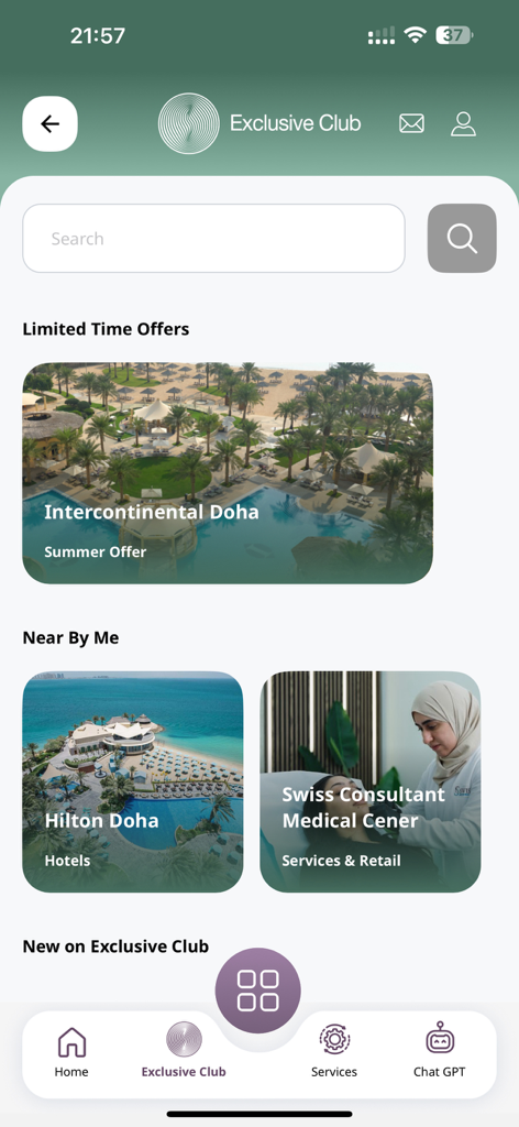 QFC Client - A mobile app screen titled Exclusive Club displaying special offers for hotels and medical centers in Doha
