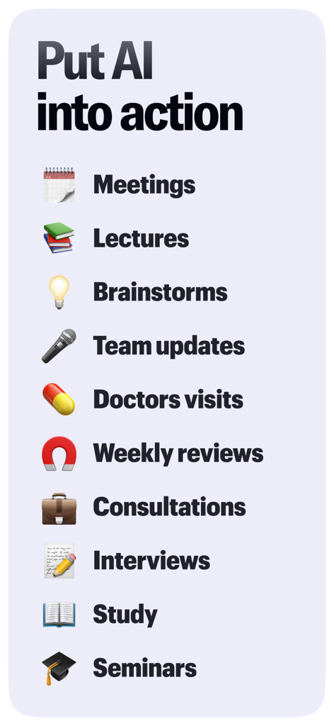Lista de casos de uso para Wave AI Note Taker, incluyendo reuniones, conferencias y entrevistas