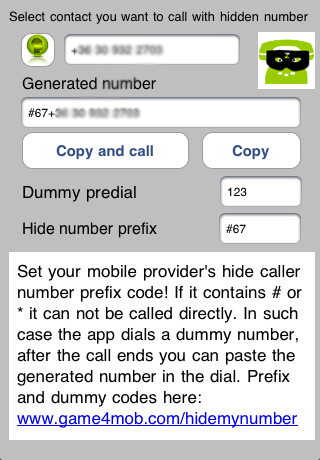 Screenshot der App Nummer unterdrücken, der die Erstellung von Anrufer-ID-Präfixen und Anweisungen zeigt.