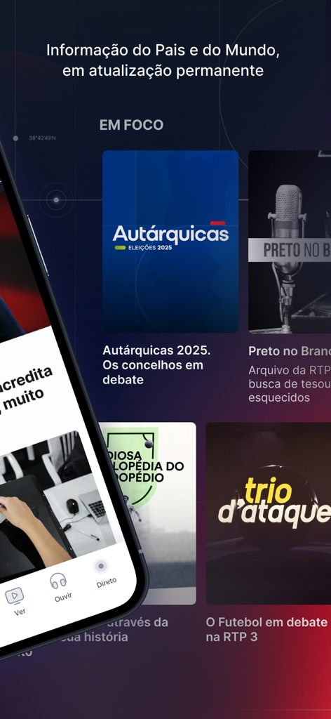 RTP Notícias - RTP Noticiasモバイルアプリのインターフェース。地方選挙やスポーツなどの現在のニュースカテゴリが表示されています。