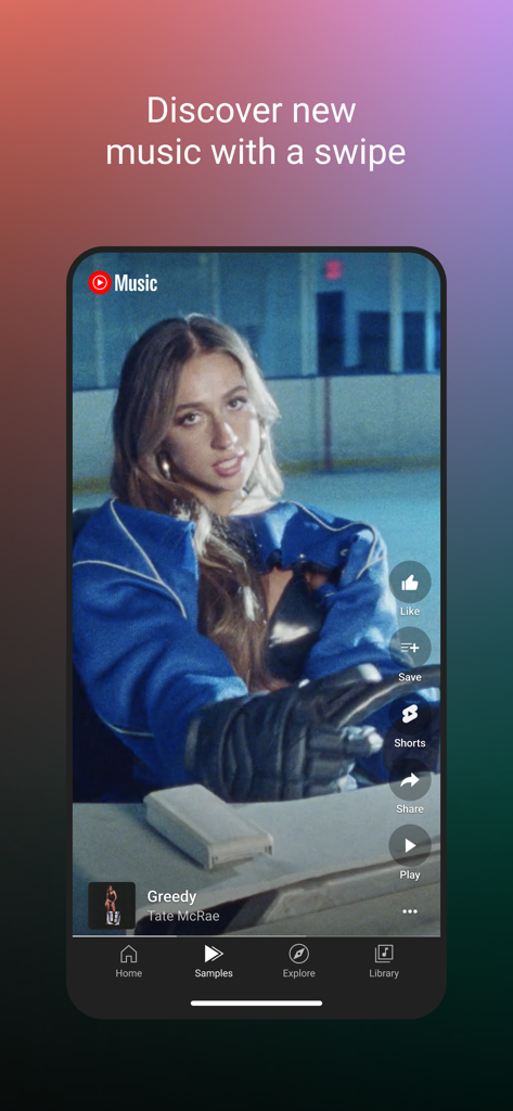 YouTube Music app interface showing the Samples discovery feed with a music video