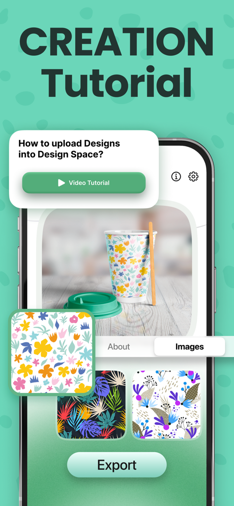 Sublimation Designer Tool - Sublimation Designer Tool app interface showing a creation tutorial on how to upload designs and a selection of floral patterns for DIY crafting