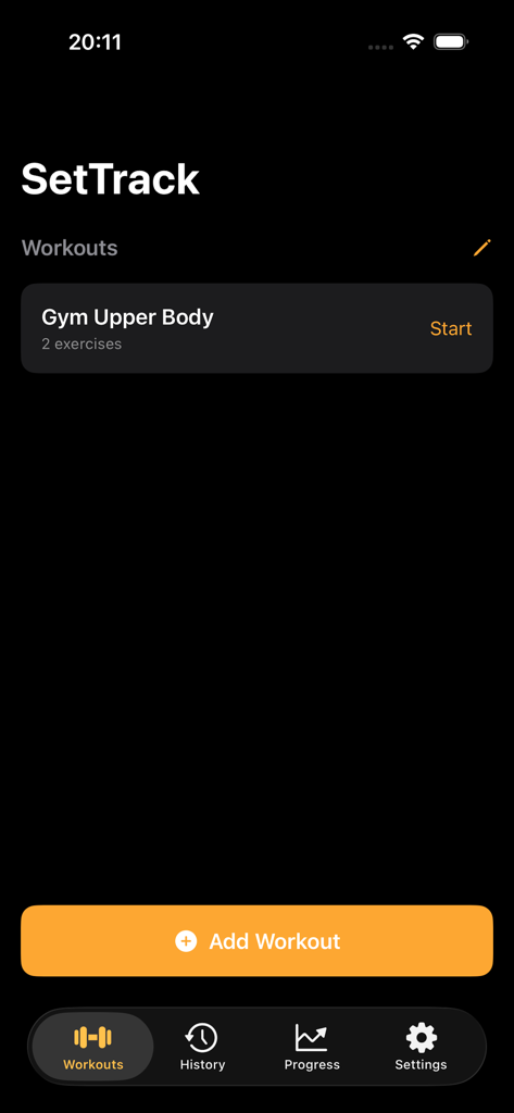 SetTrack - Workout Tracker - Main screen of the SetTrack workout tracker app showing a list of routines in dark mode.