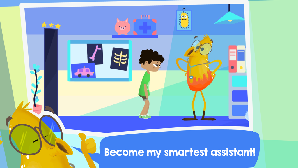 Doctor Justabout and the Human body - 漫画の診療所にいるジャスタバウト博士が、子供を自分の助手に誘っている様子