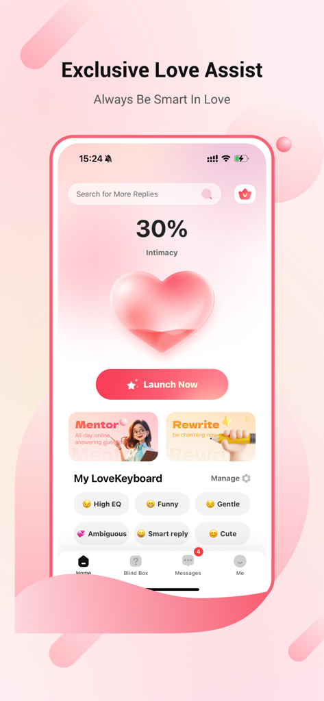 LoveAssist - Interfaz del panel de la aplicación LoveAssist mostrando un medidor de intimidad y opciones de tono del teclado de citas con IA