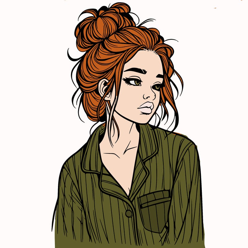 realistic woman with pajamas on and a messy bun