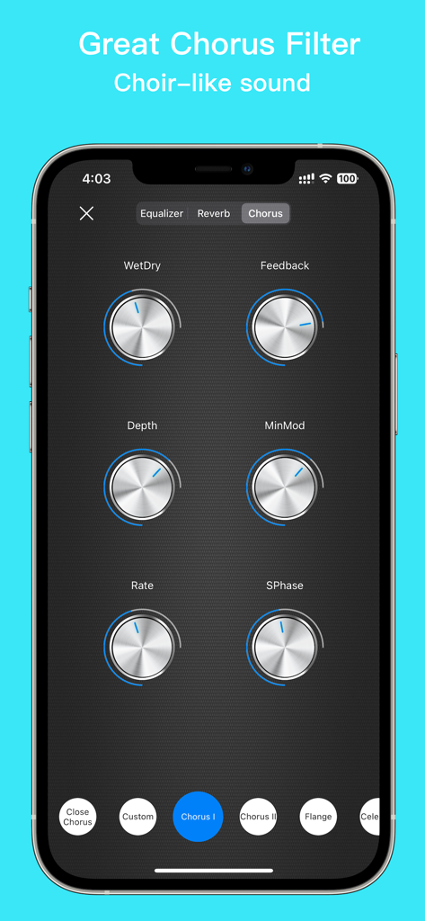 Chorus filter settings for audio enhancement in the EZAudioCut app interface