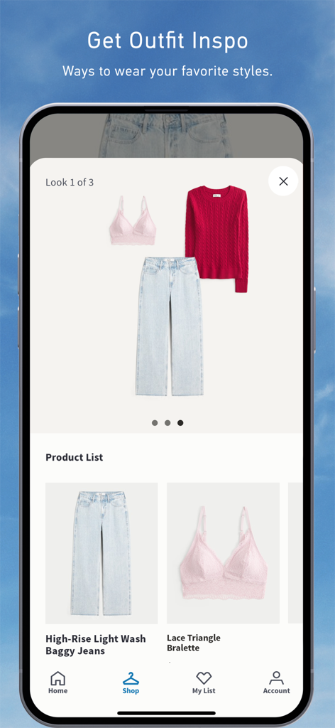 Hollister Co. - Hollister app interface showing outfit inspiration with light wash jeans a pink bralette and a red sweater
