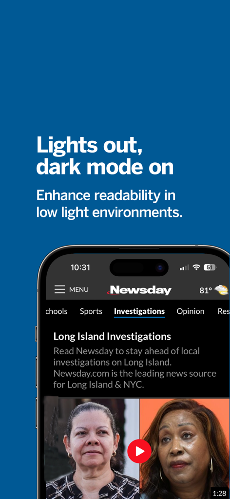 Newsday - Screenshot der Newsday-App, die die Dark-Mode-Oberfläche für lokale Nachrichten und Ermittlungen von Long Island zeigt