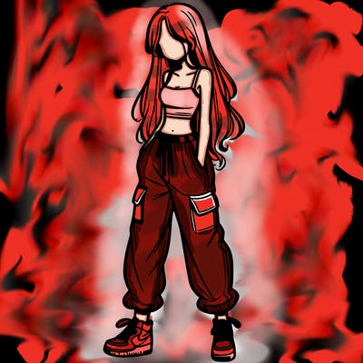 girl in baggy pants crop top and long hair