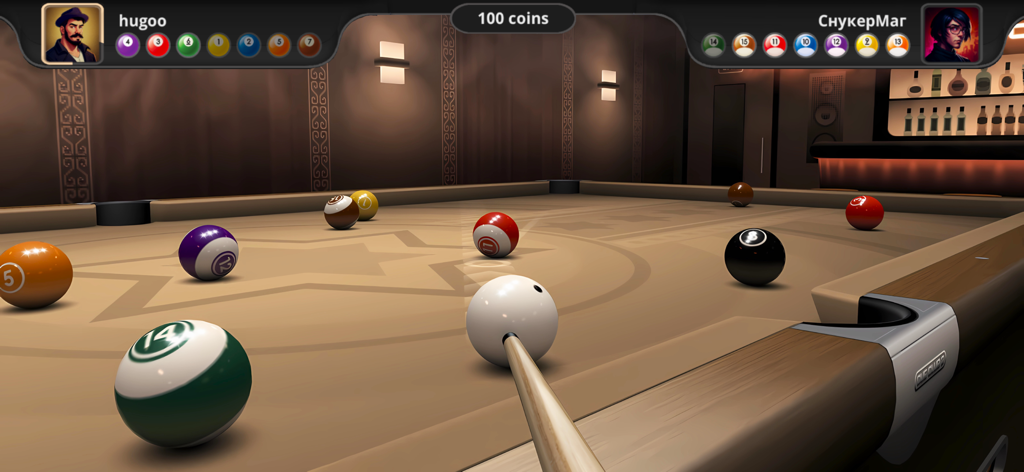 Realistic 3D billiards gameplay with cue stick and pool balls on a tan table
