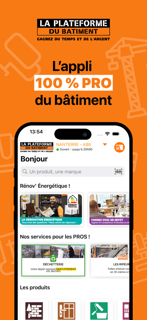 Home screen of the La Plateforme du Batiment mobile app for construction professionals