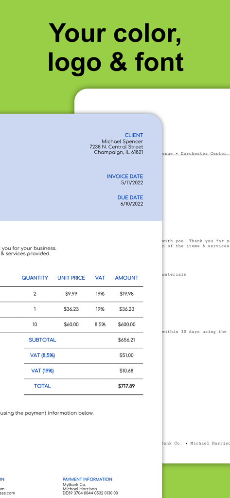 Invoice Maker: SubTotal - Una plantilla de factura profesional de SubTotal que muestra colores y fuentes personalizables para la marca empresarial