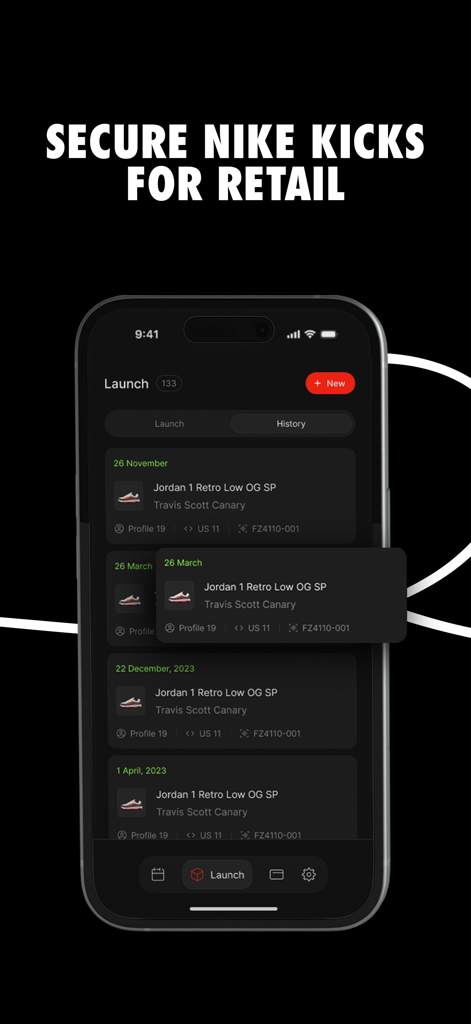 Smartphone displaying the Laced app interface with a history of Nike sneaker launches and retail drops