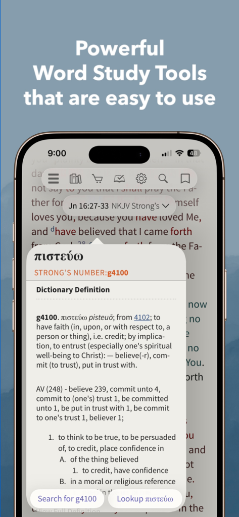 NKJV Bible app word study feature showing Greek lexicon and dictionary definitions