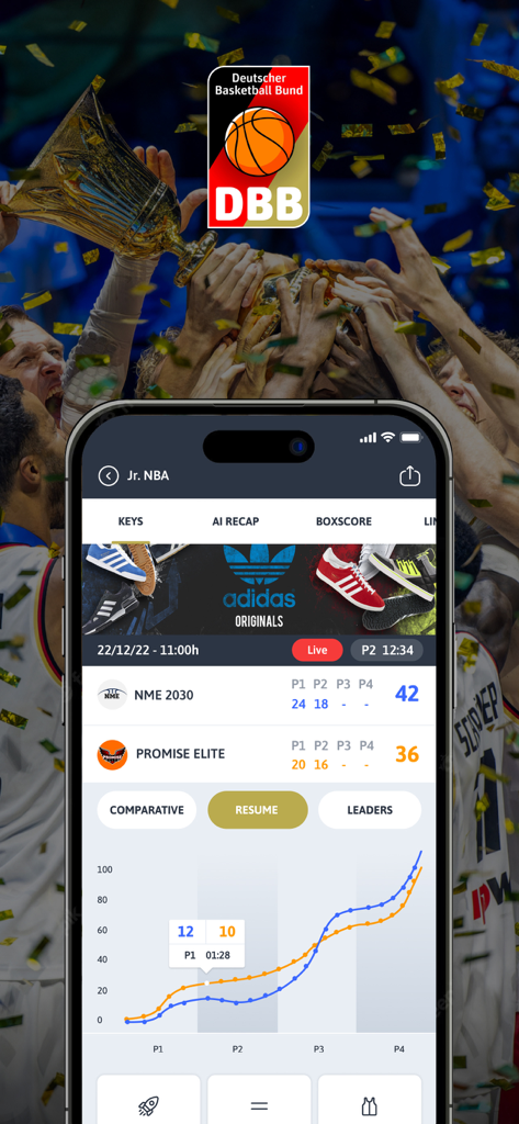 DBB Scores app interface showing live basketball game results and performance chart