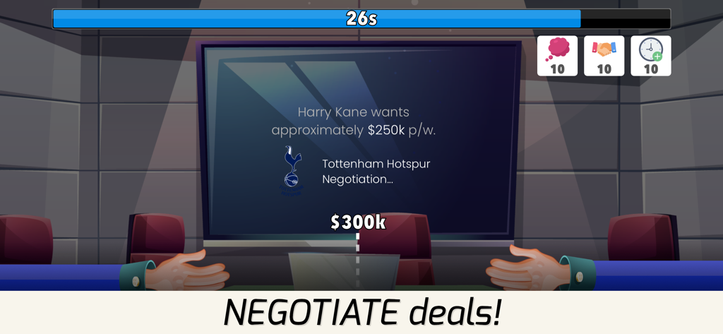 Superstar Football Agent - A contract negotiation screen in Superstar Football Agent showing a player wage request for Harry Kane at Tottenham Hotspur
