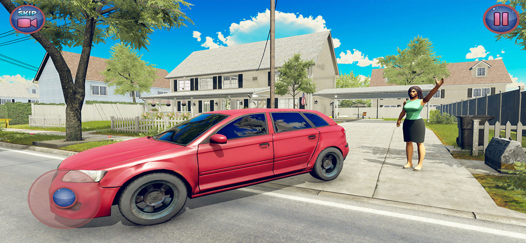 Real Mother Simulator - A female character waving next to a red car in front of a suburban house in Real Mother Simulator