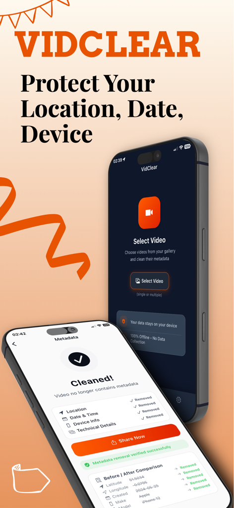 VidClear 앱 인터페이스가 iPhone에 표시되어 동영상에서 위치 및 기기 메타데이터를 삭제하여 개인 정보를 보호하는 방법을 보여줍니다.