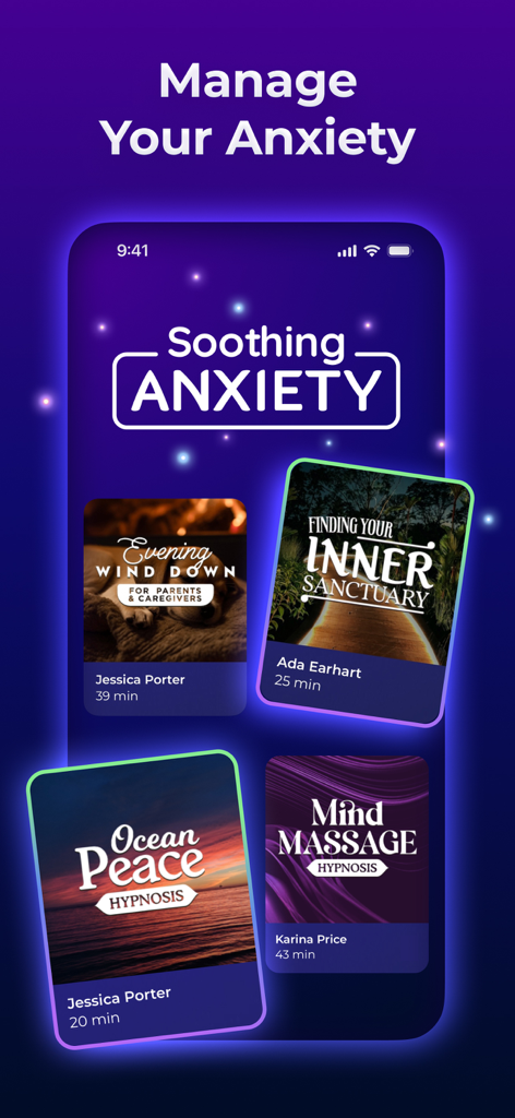 Sleepiest: Sleep Meditations - Sleepiest app interface showing various anxiety-soothing meditations and hypnosis sessions for sleep