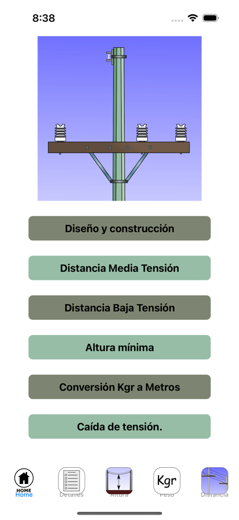 Linea Eléctrica Aérea - Menu principal de l'application mobile Linea Electrica Aerea montrant les options de calcul pour les lignes électriques aériennes