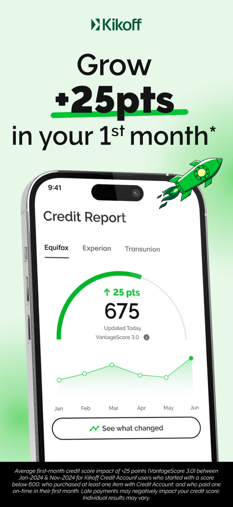 Kikoff – Build Credit Quickly - Screenshot dell'app Kikoff che mostra un aumento del punteggio di credito di 25 punti nel primo mese