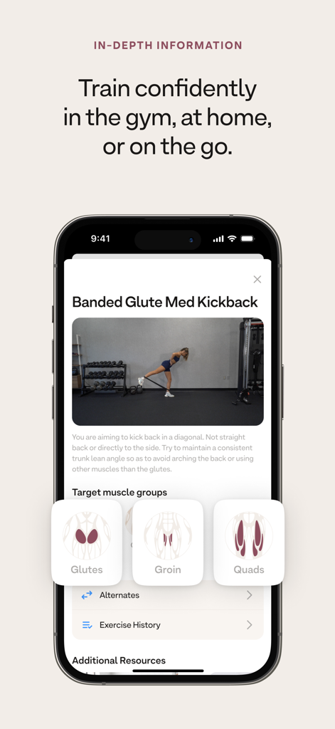 Smartphone-Bildschirm mit einem Video einer Band-Gesäßübung und Diagrammen der Zielmuskulatur in der MOVES by Madeline App.
