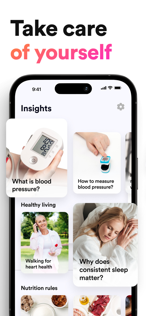 Blood Pressure Logger, Reader - Pantalla de información educativa de la aplicación Blood Pressure Logger que muestra artículos sobre salud del corazón, consejos de medición y hábitos de estilo de vida saludable.