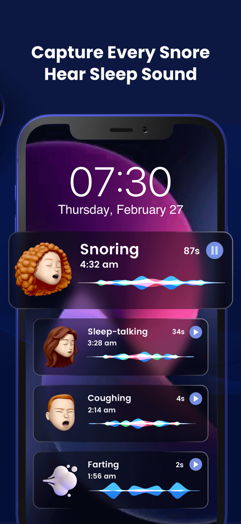 Interface of Sleep Monitor app showing a list of recorded sleep sounds including snoring and coughing