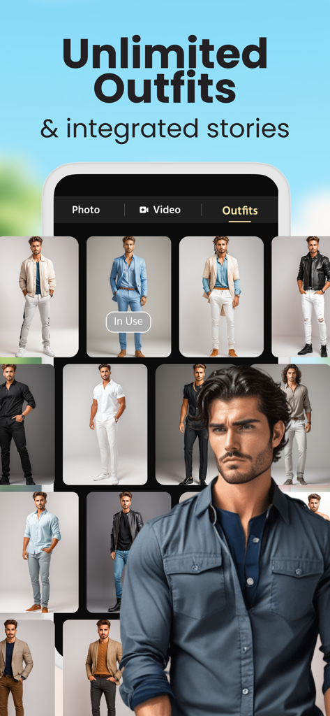 Interface de jeu mobile montrant une variété de tenues pour un personnage IA masculin.