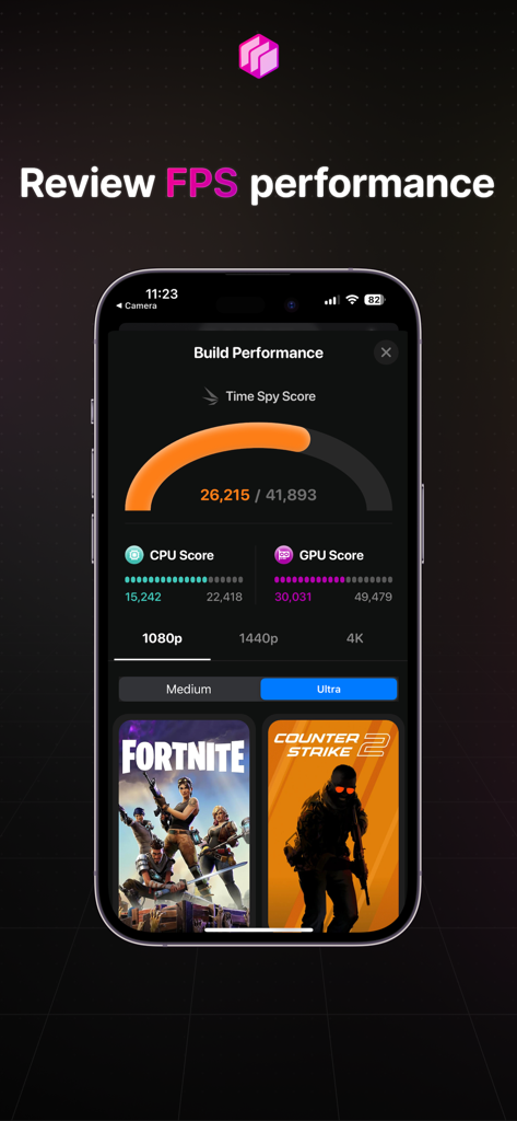 BuildCores: Part Picker for PC - Interface mobile de l'application BuildCores montrant les scores de performance de la construction de PC et les estimations d'images par seconde pour les jeux populaires