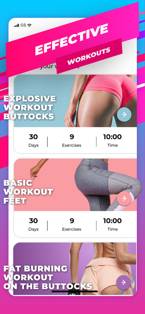 Buttocks Workout - Hips, Legs - Interface of the Buttocks Workout app showing different thirty day training plans for glutes and legs.