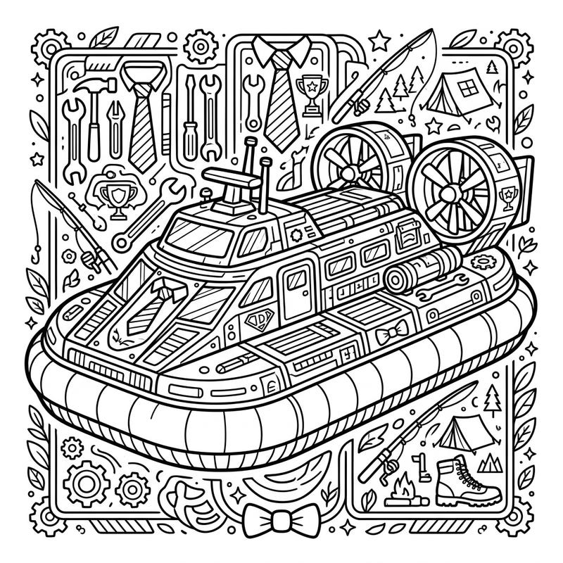 Get ready for an adventure with this exciting Father's Day hovercraft coloring page! It's packed with intricate details and motifs celebrating all the amazing dads out there.