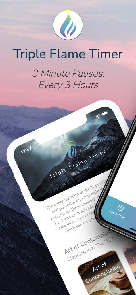 Triple Flame App-Oberfläche für dreiminütige Meditationspausen alle drei Stunden