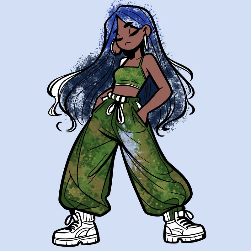 girl in baggy pants crop top and long hair
