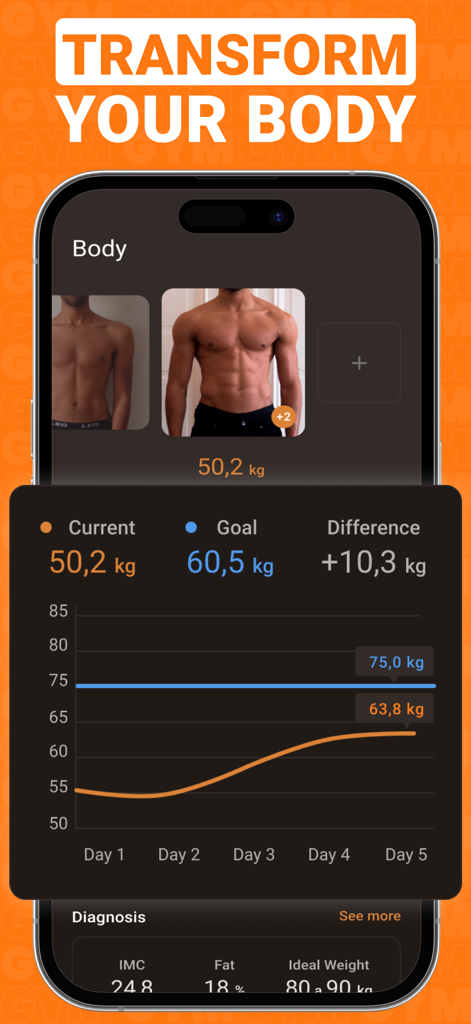 Gym WP app screen showing body transformation photos and weight progress chart
