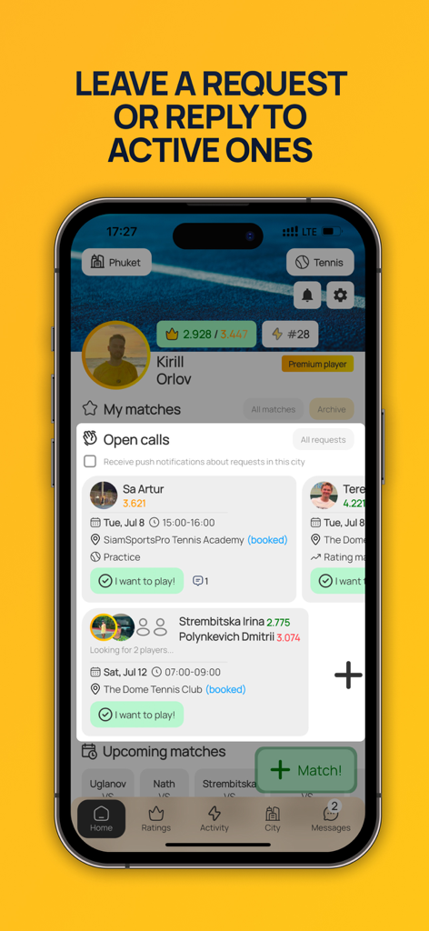 Raketo - Screenshot dell'app Raketo che mostra richieste di partite di tennis aperte e chiamate dei giocatori a Phuket