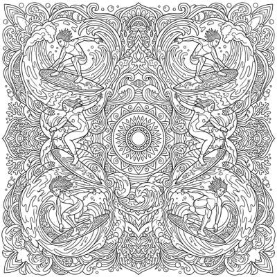 Immerse yourself in the thrilling world of shortboard surfing blended with the serene beauty of a mandala. This unique coloring page features dynamic surfers amidst intricate waves, perfect for an engaging creative escape.