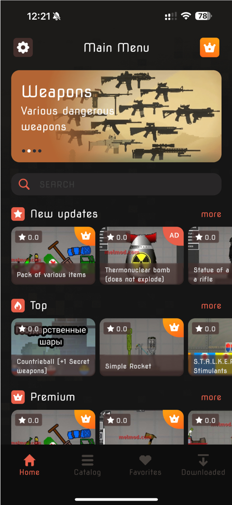 Addons & Melon Mods - El menú principal de la app Addons y Mods de Melón con categorías de armas y actualizaciones de mods de tendencia para Melon Playground.