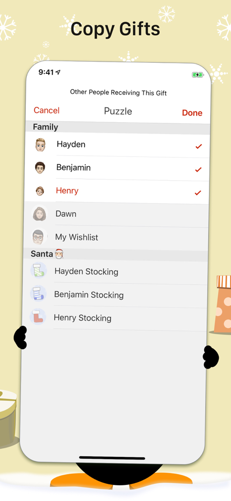 The Christmas List - Screen from The Christmas List app showing the feature to assign a single gift to multiple people in a list.