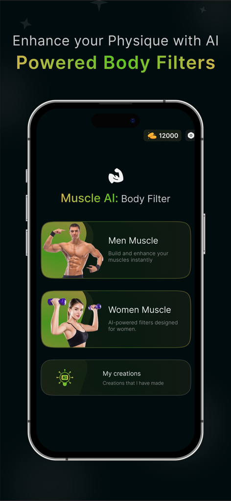 AI Muscle filter: Giga AI Body - Home screen of the AI Muscle filter app featuring body enhancement options for men and women.