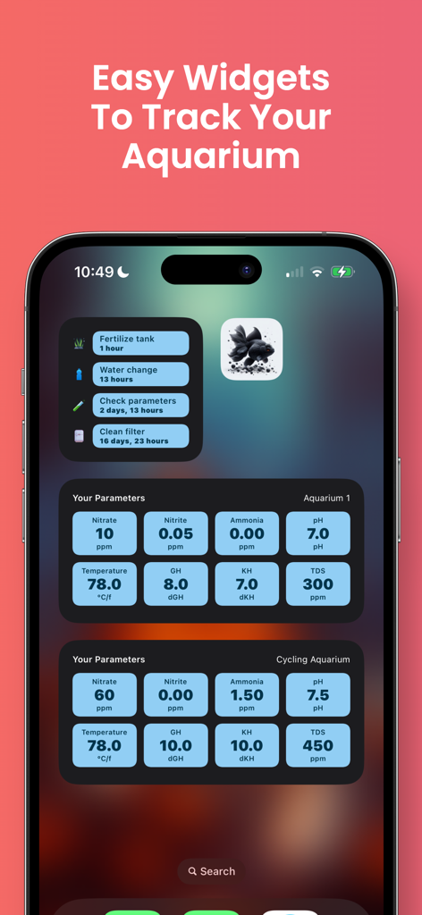 Fishi: Aquarium Manager - iPhone home screen displaying Fishi app widgets for aquarium maintenance tasks and water chemistry parameters