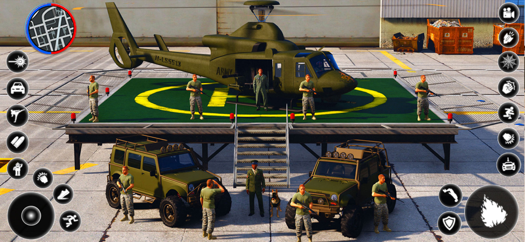 A military helicopter on a helipad surrounded by army jeeps and soldiers in a transport simulation game