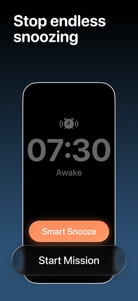 Awake smart alarm clock app screen showing 07:30 alarm with Start Mission button
