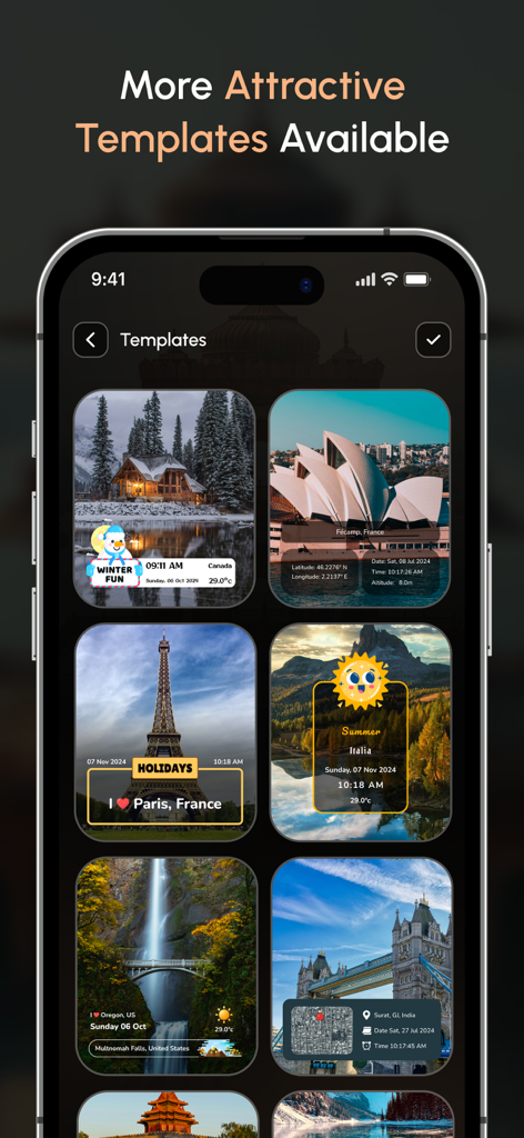 GPS Map Camera Geotag Location - 位置情報、日付、天気のスタンプが付いた複数のジオタグ付き写真テンプレートを表示するモバイルアプリインターフェース
