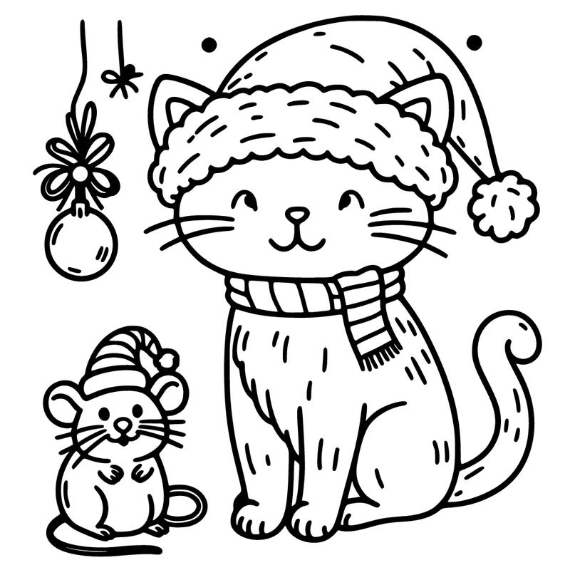christmas cat with a santa hat and a mouse